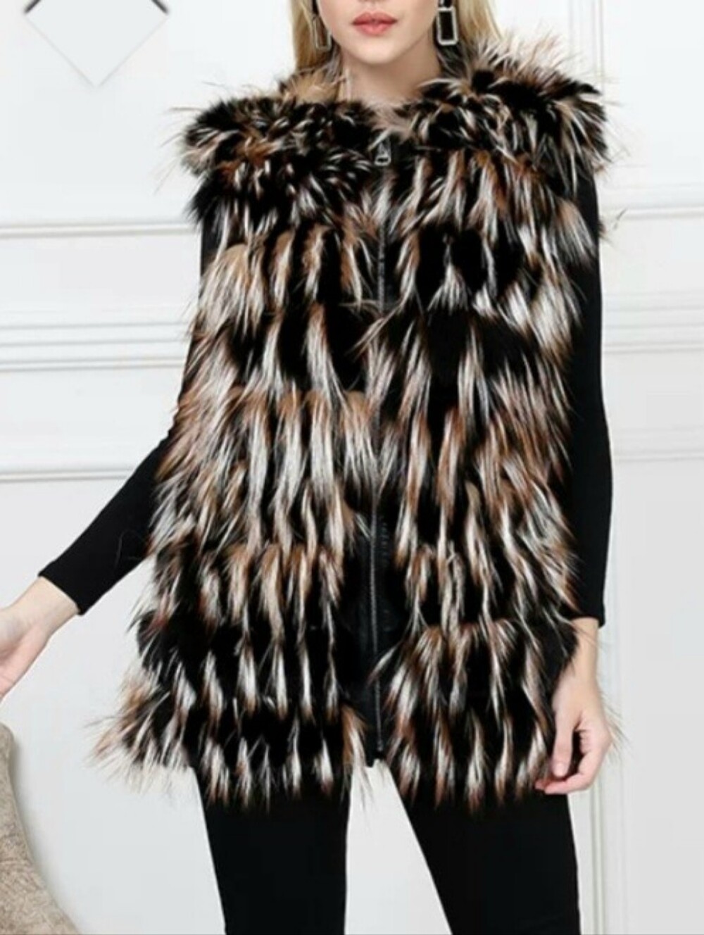 CHER Shaggy Vest Made in Italy Faux Fur Black/white/tan Boho Chic S-M NWT